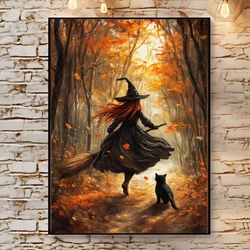 Home Decor Theme - ภาพพิมพ์บนผ้าแคนวาสลายแม่มดฮาโลวีนย้อนยุคบนไม้กวาด สำหรับตกแต่งผนังห้องนั่งเล่น ห้องนอน และบ้าน