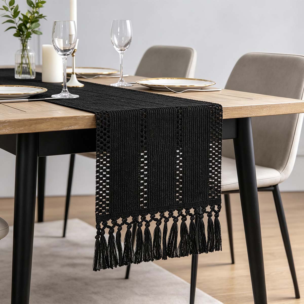 Linen Table Runner - ผ้าปูโต๊ะยาวผ้าฝ้ายผสมผ้าลินิน สไตล์โบโฮ พร้อมพู่ ผ้าปูโต๊ะยาวสไตล์ฟาร์มเฮาส์ธรรมชาติ สำหรับงานแต่งงาน งานเลี้ยงอาหารค่ำ